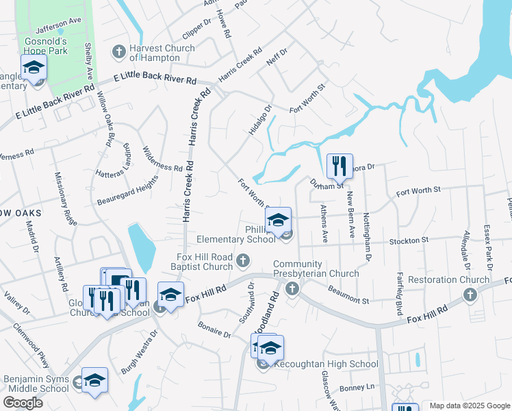 map of restaurants, bars, coffee shops, grocery stores, and more near 318 Fort Worth Street in Hampton