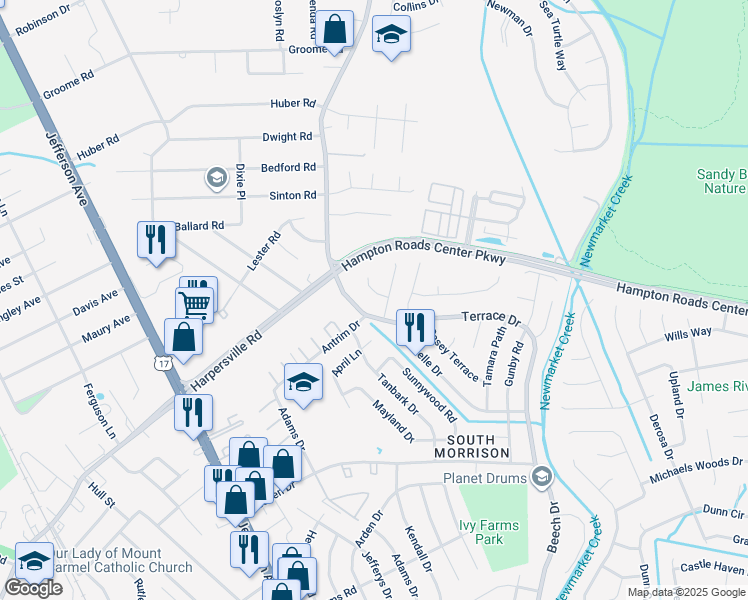 map of restaurants, bars, coffee shops, grocery stores, and more near 712 Pinckney Court in Newport News