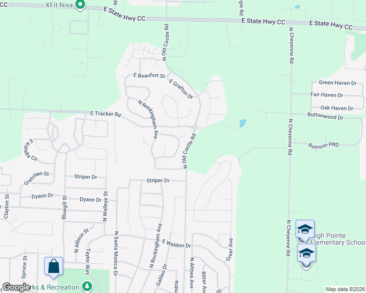 map of restaurants, bars, coffee shops, grocery stores, and more near Old Castle Road in Nixa