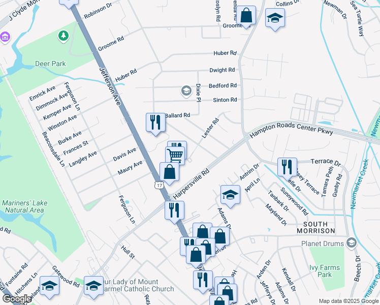 map of restaurants, bars, coffee shops, grocery stores, and more near 438 Lester Road in Newport News