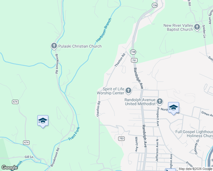map of restaurants, bars, coffee shops, grocery stores, and more near 4582 Thaxton Road in Pulaski