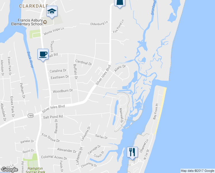 map of restaurants, bars, coffee shops, grocery stores, and more near 103 Lorigan Lane in Hampton