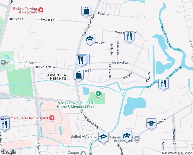 map of restaurants, bars, coffee shops, grocery stores, and more near 6 Maume Circle in Hampton