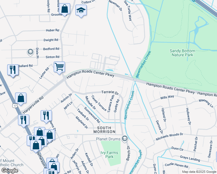 map of restaurants, bars, coffee shops, grocery stores, and more near 828 Mattmoore Place in Newport News