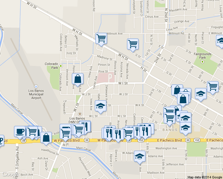 map of restaurants, bars, coffee shops, grocery stores, and more near 401 West J Street in Los Banos