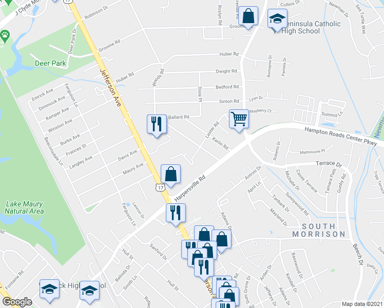 map of restaurants, bars, coffee shops, grocery stores, and more near 438 Lester Road in Newport News