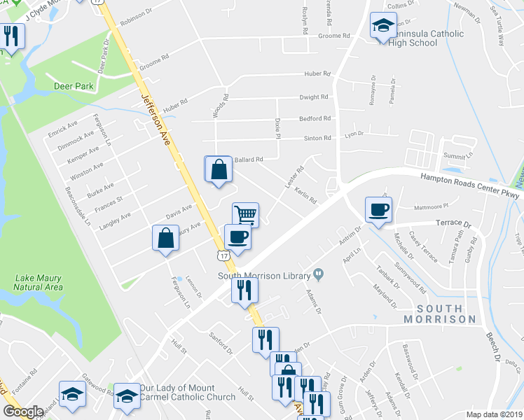 map of restaurants, bars, coffee shops, grocery stores, and more near 438 Lester Road in Newport News