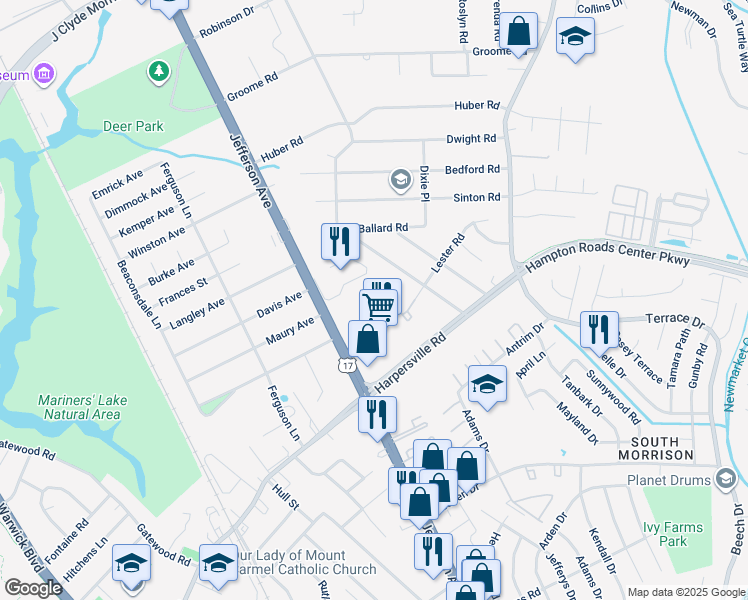 map of restaurants, bars, coffee shops, grocery stores, and more near 11214 Jefferson Avenue in Newport News