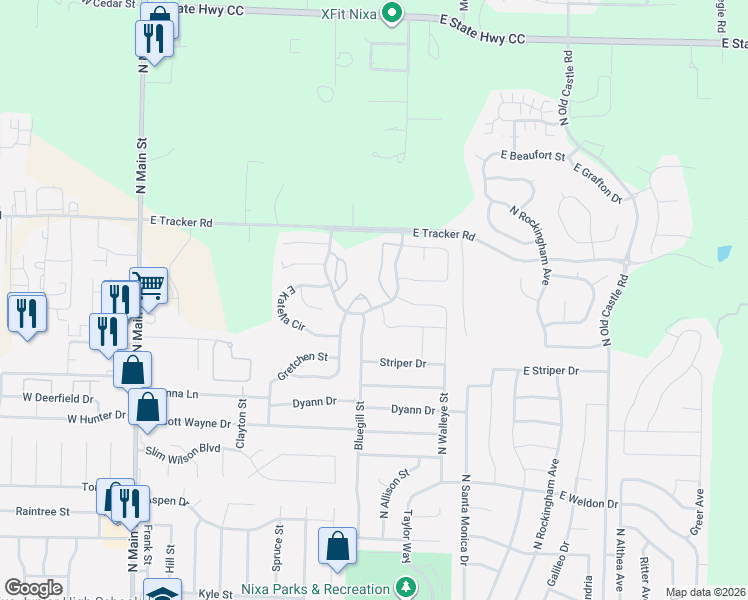 map of restaurants, bars, coffee shops, grocery stores, and more near 1362 North Sandy Creek Circle in Nixa