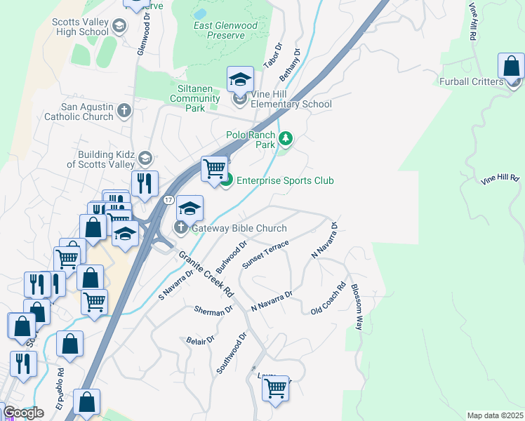 map of restaurants, bars, coffee shops, grocery stores, and more near 228 North Navarra Drive in Scotts Valley