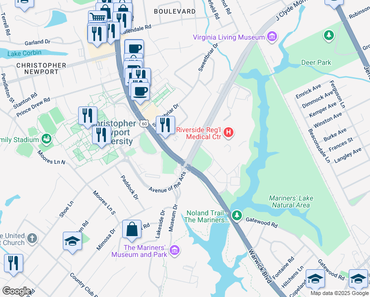 map of restaurants, bars, coffee shops, grocery stores, and more near 12 Peters Lane in Newport News