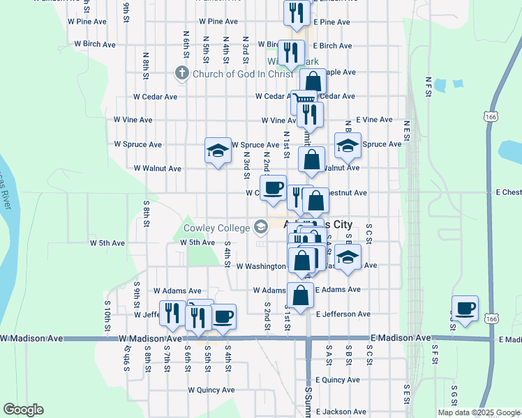 map of restaurants, bars, coffee shops, grocery stores, and more near 300 West Central Avenue in Arkansas City