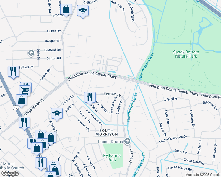map of restaurants, bars, coffee shops, grocery stores, and more near 828 Mattmoore Place in Newport News
