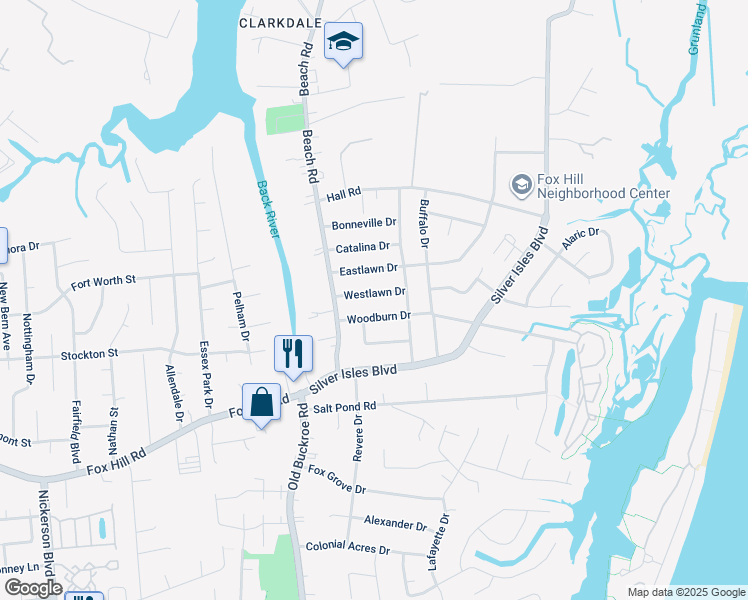 map of restaurants, bars, coffee shops, grocery stores, and more near 14 Westlawn Drive in Hampton