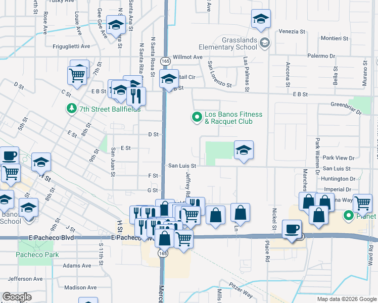 map of restaurants, bars, coffee shops, grocery stores, and more near 1515 Sarba Ct in Los Banos