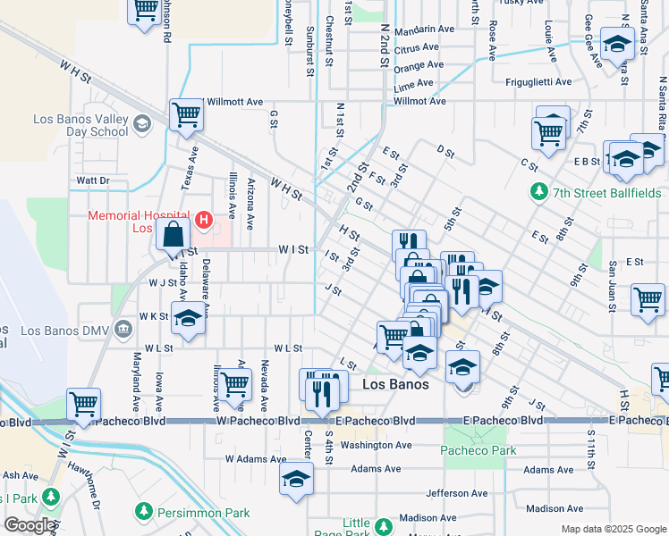 map of restaurants, bars, coffee shops, grocery stores, and more near 846 2nd Street in Los Banos