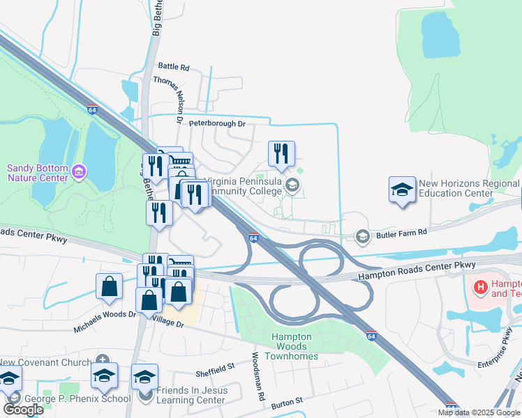 map of restaurants, bars, coffee shops, grocery stores, and more near Hastings Drive in Hampton
