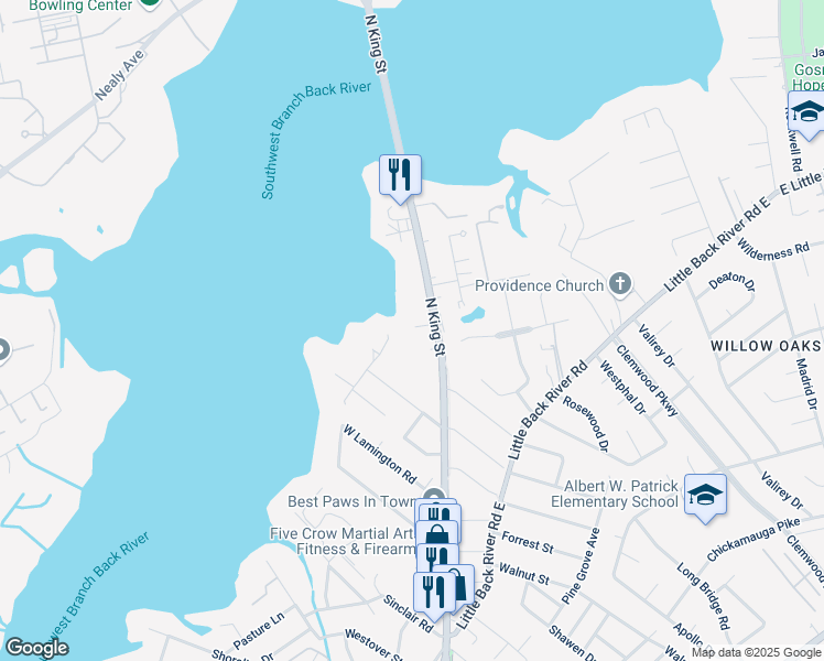 map of restaurants, bars, coffee shops, grocery stores, and more near 1563 North King Street in Hampton