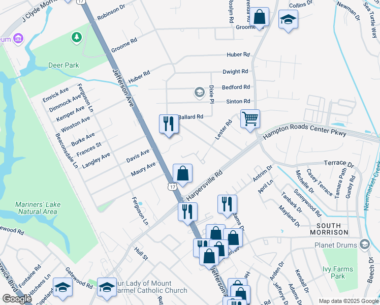 map of restaurants, bars, coffee shops, grocery stores, and more near 127 Woods Road in Newport News