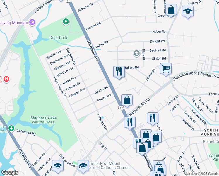 map of restaurants, bars, coffee shops, grocery stores, and more near 48 Davis Avenue in Newport News