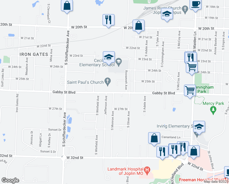 map of restaurants, bars, coffee shops, grocery stores, and more near 2335 West 26th Street in Joplin