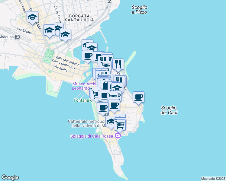 map of restaurants, bars, coffee shops, grocery stores, and more near 104 Via Dione in Syracuse