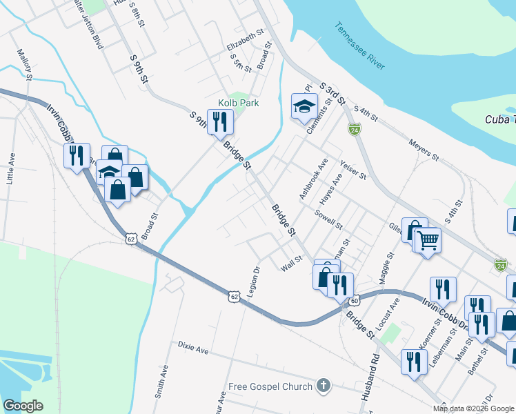 map of restaurants, bars, coffee shops, grocery stores, and more near 1902 Hendricks Street in Paducah