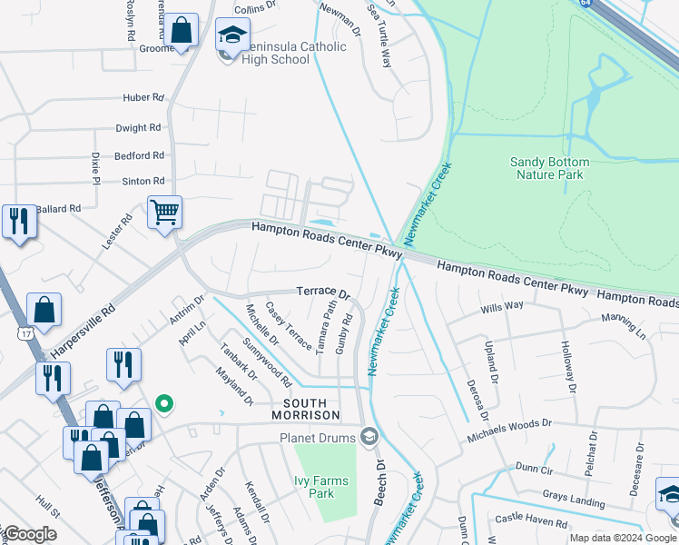 map of restaurants, bars, coffee shops, grocery stores, and more near 108 Wendy Court in Newport News