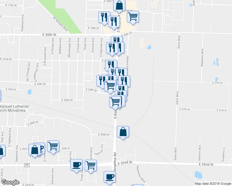 map of restaurants, bars, coffee shops, grocery stores, and more near 2398 South Range Line Road in Joplin