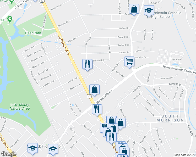 map of restaurants, bars, coffee shops, grocery stores, and more near 127 Woods Road in Newport News