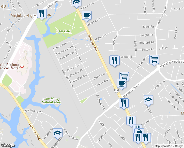 map of restaurants, bars, coffee shops, grocery stores, and more near 30 Langley Avenue in Newport News
