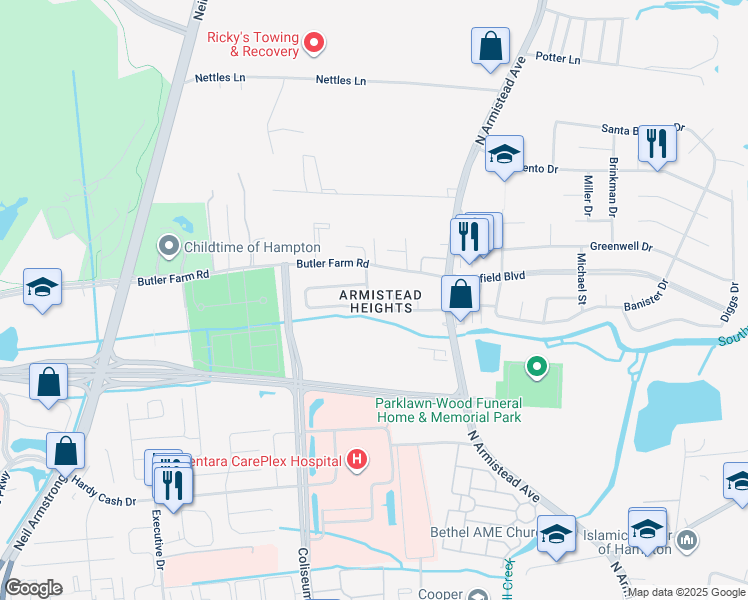 map of restaurants, bars, coffee shops, grocery stores, and more near 4 Watts Drive in Hampton