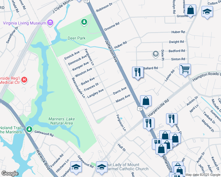 map of restaurants, bars, coffee shops, grocery stores, and more near 30 Langley Avenue in Newport News