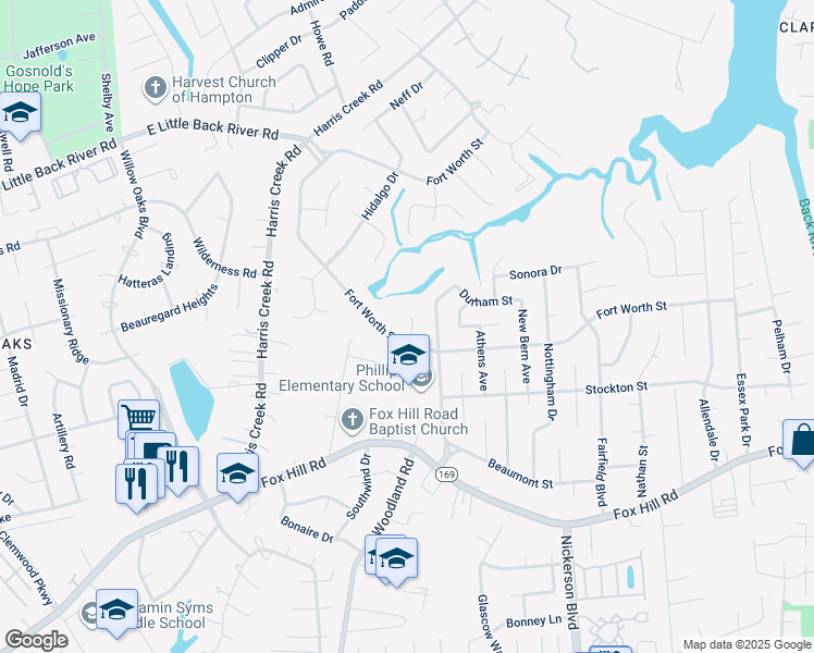map of restaurants, bars, coffee shops, grocery stores, and more near 805 Waco Court in Hampton