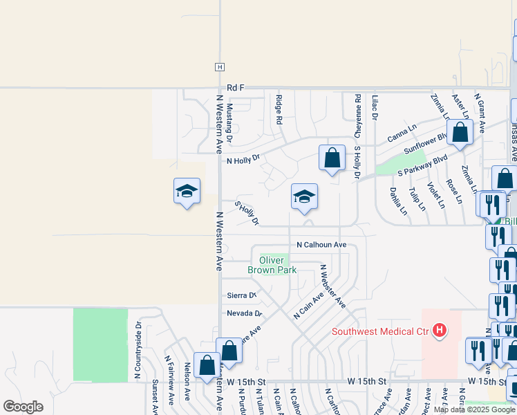 map of restaurants, bars, coffee shops, grocery stores, and more near 1501 South Holly Drive in Liberal