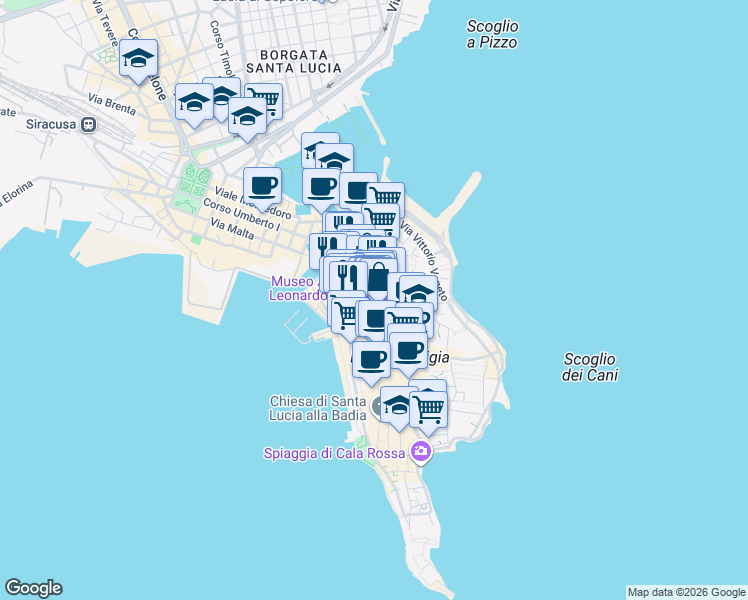 map of restaurants, bars, coffee shops, grocery stores, and more near Via San Paolo in Siracusa