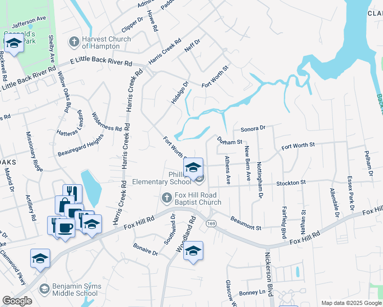 map of restaurants, bars, coffee shops, grocery stores, and more near 805 Waco Court in Hampton