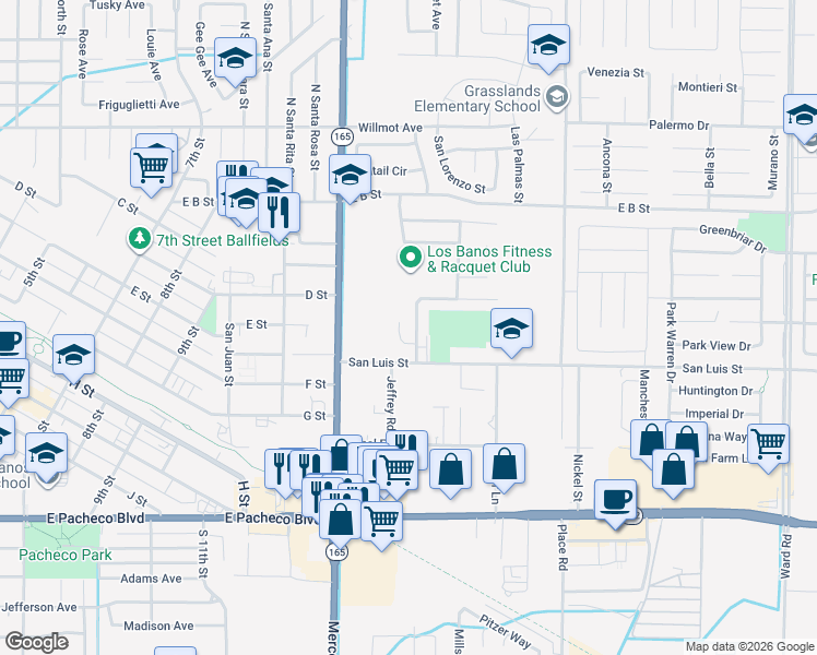 map of restaurants, bars, coffee shops, grocery stores, and more near 1532 Racquet Club Drive in Los Banos