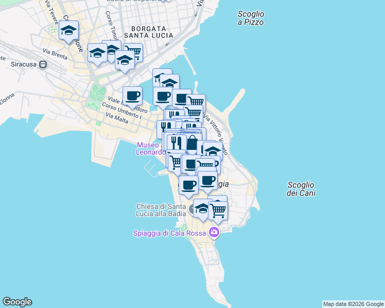 map of restaurants, bars, coffee shops, grocery stores, and more near 5 Via dell'Apollonion in Siracusa