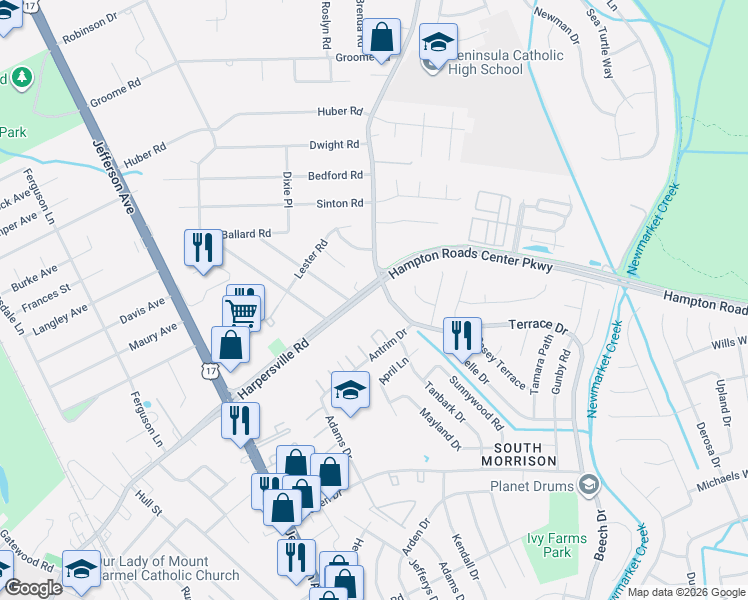 map of restaurants, bars, coffee shops, grocery stores, and more near 488 Harpersville Road in Newport News