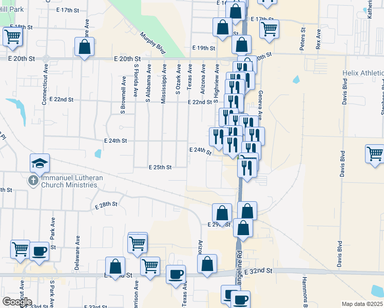 map of restaurants, bars, coffee shops, grocery stores, and more near 2405 Texas Avenue in Joplin