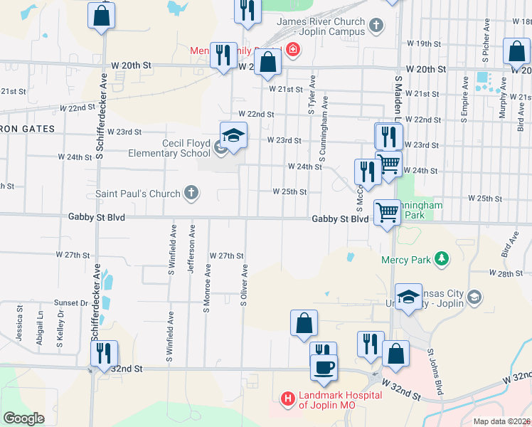 map of restaurants, bars, coffee shops, grocery stores, and more near 2516 South Willard Avenue in Joplin