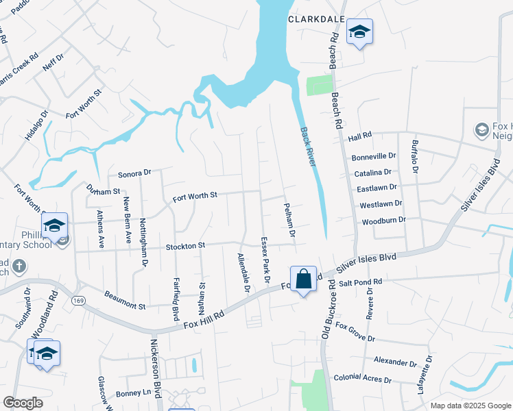 map of restaurants, bars, coffee shops, grocery stores, and more near 719 Essex Park Drive in Hampton