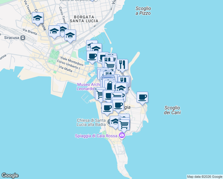 map of restaurants, bars, coffee shops, grocery stores, and more near 3 Via Vincenzo Mirabella in Siracusa
