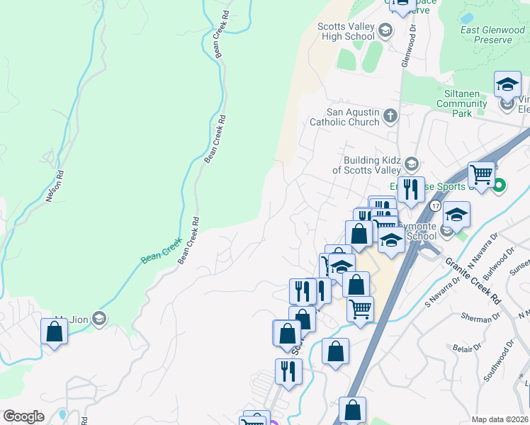 map of restaurants, bars, coffee shops, grocery stores, and more near 15 Cumbre Lane in Scotts Valley