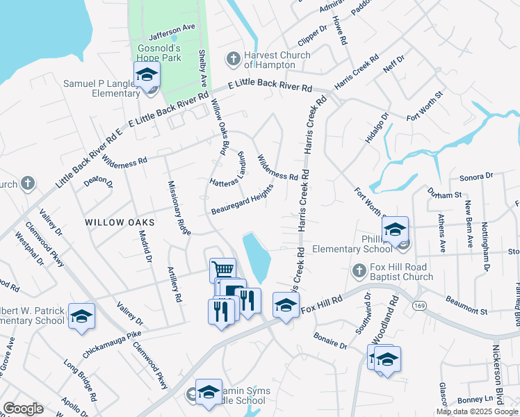 map of restaurants, bars, coffee shops, grocery stores, and more near 203 Devils Den Road in Hampton