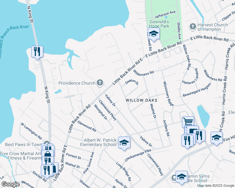 map of restaurants, bars, coffee shops, grocery stores, and more near 10 Lillian Court in Hampton