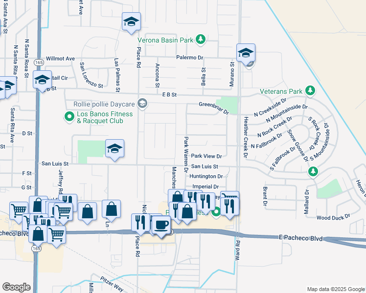 map of restaurants, bars, coffee shops, grocery stores, and more near 2115 Racquet Club Drive in Los Banos