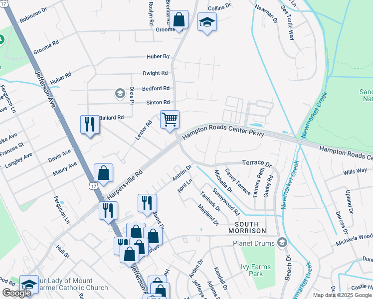 map of restaurants, bars, coffee shops, grocery stores, and more near 702 Pinckney Court in Newport News