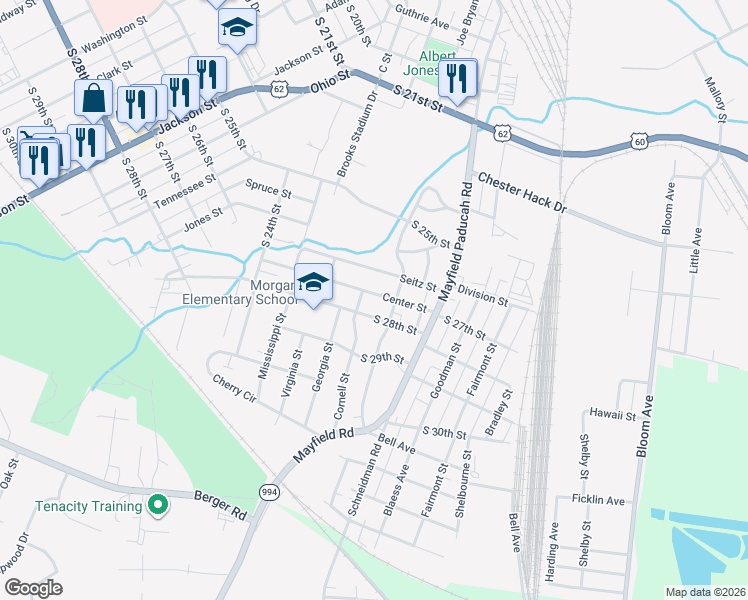 map of restaurants, bars, coffee shops, grocery stores, and more near 2027 Center Street in Paducah